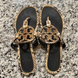Tory Burch Snakeskin and Gold Emblem Miller Sandal